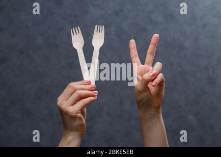 Disposable cardboard dishes made from environmentally friendly materials. Doesn't clog nature Eco-friendly, disposable, recyclable, compostable dishes Stock Photo