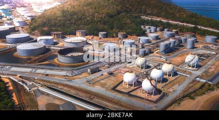 Aerial view of oil and gas refining petrochemical factory with tall ...