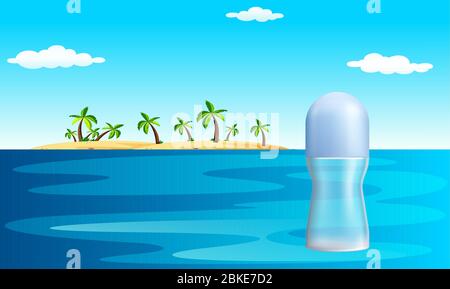 mock up illustration of female perfume on beach water view Stock Vector