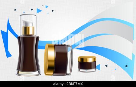mock up illustration of female beauty items on abstract wave background Stock Vector