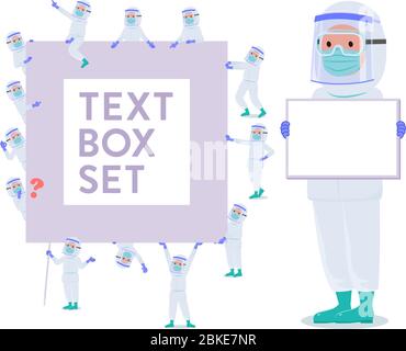 A set of doctor man wearing protective suit with a message board.Since each is divided, you can move it freely.It's vector art so it's easy to edit. Stock Vector