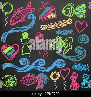 A set of elements for your creativity. Children's drawings wax crayons on a black background. Waves, fish, people, sweets Stock Vector