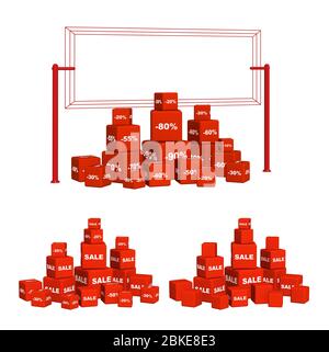 Sale concept. Red boxes with the goods at a discount. Objects isolated on white background. 3d render Stock Photo