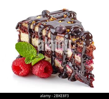 piece of chocolate and blackcurrant cake isolated on white background Stock Photo