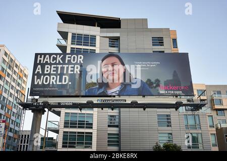 San-Francisco-based cybersecurity company HackerOne's billboard is seen in the city. HackerOne is a vulnerability coordination and bug bounty platform. Stock Photo