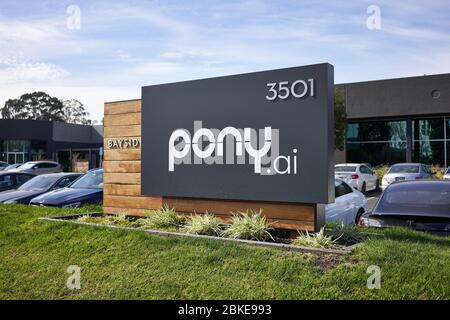 Autonomous driving startup Pony.ai's Fremont campus in the Silicon Valley, California. Stock Photo