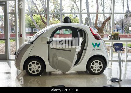 A Waymo self-driving car on display in the Computer History Museum in Mountain View, California. Smart mobility company Waymo is owned by Alphabet Inc. Stock Photo