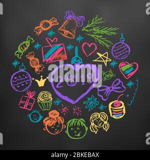 New Year 2019. New Year's set of elements for your creativity. Children's drawings wax crayons on a black background. Christmas tree, Christmas tree, Stock Vector