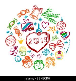 New Year 2019. New Year's set of elements for your creativity. Children's drawings of wax crayons on a white background. Christmas tree, Christmas tre Stock Vector