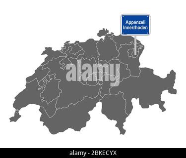 Map of Switzerland with road sign of Appenzell Innerrhoden Stock Photo