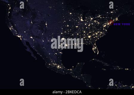 High Resolution Map Composition of USA at night pinpointing New York City - Elements of this image furnished by NASA Stock Photo