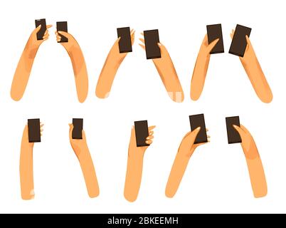 Human hands, man and woman palms holding a black Phone with black screen vector flat collection with light texture. Set of different male and female Stock Vector
