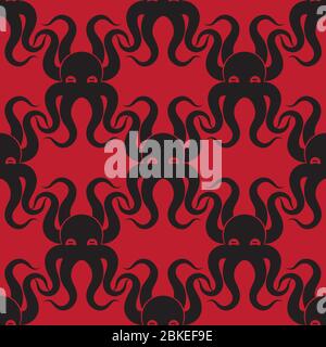 Seamless octopus pattern on red background. Vector image Stock Vector