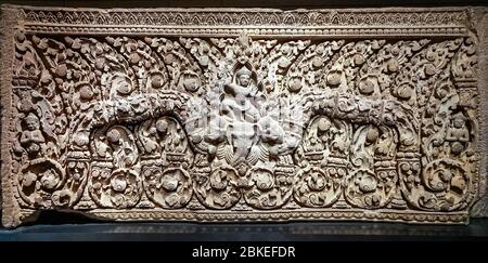 Indra riding an elephant, bas-relief on a lintel from Prasat Sralao, Angkor period 10th century, Cambodia Stock Photo