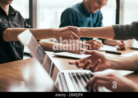 close up. business team works sitting at the office Desk Stock Photo