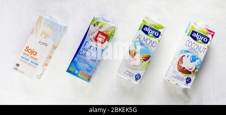 Staging of four bricks of vegetable milks / substitue for non-dairy milk : soy, rice, almond, coconut. Variety of alternative milks n white light back Stock Photo