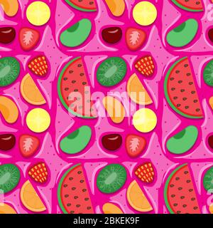 seamless pattern of fruit strawberry cherry orange Apple apricot kiwi banana watermelon on a pink background. Vector image Stock Vector