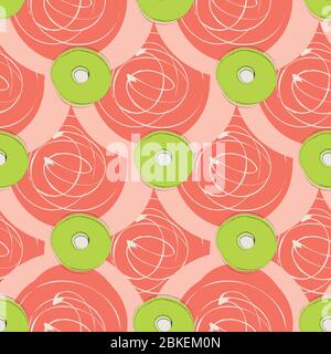 Vector scribbled ink line circle seamless pattern background. Abstract brush stroke swirls red green backdrop. Bold hand painted overlapping repeat Stock Vector