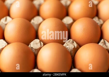 Brown egg in paper packaging. Container for eggs. Recycling. Healthy rustic breakfast Stock Photo