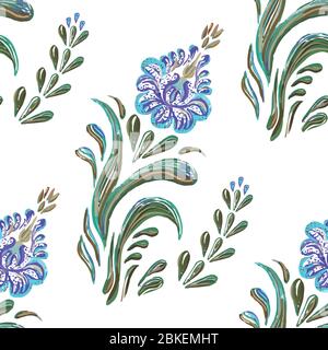 Vintage spring romantic pastel seamless pattern with  blue flowers and leaves on white background. Stock Vector