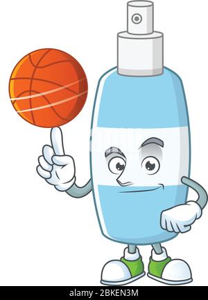 An athletic spray hand sanitizer cartoon design style playing basketball Stock Vector