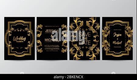 Wedding invitation cards with floral art. leaves and herbs nature art. - vector Stock Vector