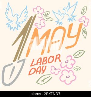 May 1 Labor Day logo symbol of pigeon, spring flowers spade holiday weekend. Stock Vector