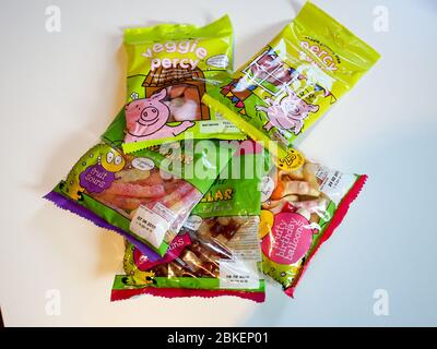 Veggie soft gum candy without gelatin from Marks & Spencer’s food - Veggie Percy and Colin Caterpillar Stock Photo