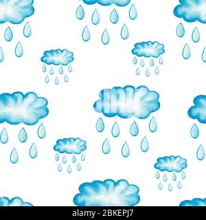 Watercolor painted rainy clouds with raindrops. Can be used for wallpaper, pattern fills, web page background, surface textures. Stock Vector
