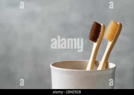 Natural organic bamboo toothbrushes in glass holder, close up view. Zero waste, plastic free, eco friendly equipment for oral personal hygiene. Stock Photo