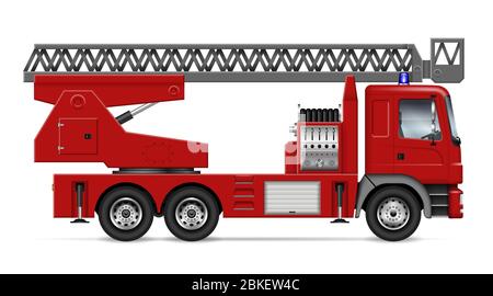 Fire truck with ladder view from side isolated on white background. Rescue vehicle vector template, all elements in the groups on separate layers for Stock Vector