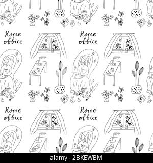 Seamless pattern on insulation theme. Home office lettering. Girl sitting in an arm chair working on a laptop. Fat cat lies at her feet. In the window Stock Vector