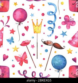 Hand painted watercolor seamless pattern with hearts, gift boxes, festive garlands, air balloons, butterflies, hat cone, confetti, stars props Stock Photo