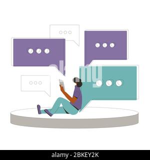 Feedback service. Chat comment concept. Social media network. Young man with speech bubbles. Vector flat illustration. Stock Vector