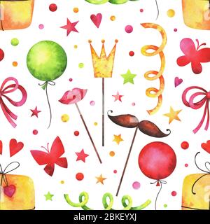 Hand painted watercolor seamless pattern with gift boxes, garlands, air balloons, butterflies, confetti, props, stars on white background Stock Photo