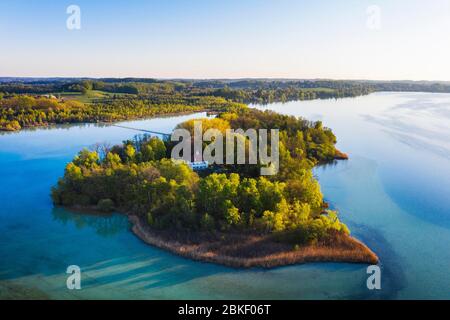 Woerth Island with Woerthschloessl Castle, Mouse Island, Woerth Lake, near Inning, Five Lakes Country, drone recording, Upper Bavaria, Bavaria Stock Photo