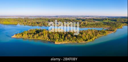 Isle of Woerth, Mouse Island, Woerthsee, near Inning, Five Lakes Country, drone recording, Upper Bavaria, Bavaria, Germany Stock Photo