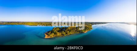 Panorama, Woerth Island with Woerthschloessl Castle, Mouse Island, Woerth Lake, near Inning, Five Lakes Country, drone shot, Upper Bavaria, Bavaria Stock Photo