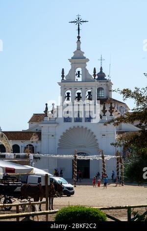 September 9, 2019, El Rocio, Andalusia, Spain. Small old town in Donana national park with sandy roads and squares, horse riding and white church Stock Photo