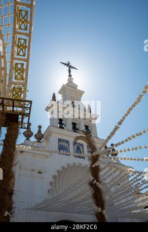 September 9, 2019, El Rocio, Andalusia, Spain. Small old town in Donana national park with sandy roads and squares, horse riding and white church Stock Photo