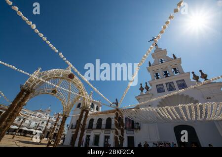 September 9, 2019, El Rocio, Andalusia, Spain. Small old town in Donana national park with sandy roads and squares, horse riding and white church Stock Photo