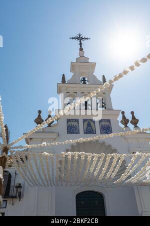 September 9, 2019, El Rocio, Andalusia, Spain. Small old town in Donana national park with sandy roads and squares, horse riding and white church Stock Photo