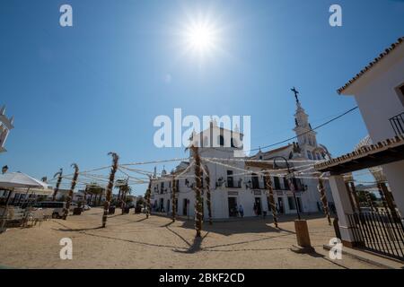 September 9, 2019, El Rocio, Andalusia, Spain. Small old town in Donana national park with sandy roads and squares, horse riding and white church Stock Photo