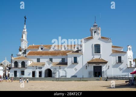 September 9, 2019, El Rocio, Andalusia, Spain. Small old town in Donana national park with sandy roads and squares, horse riding and white church Stock Photo