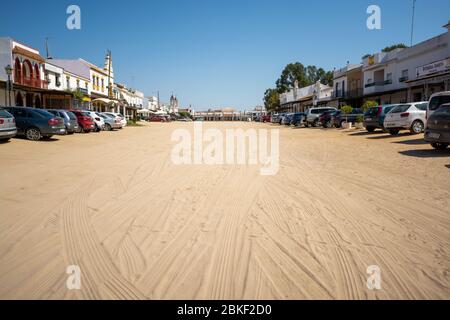 September 9, 2019, El Rocio, Andalusia, Spain. Small old town in Donana national park with sandy roads and squares, horse riding and white church Stock Photo