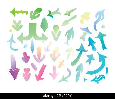 Pastel hand drawn doodle sketch arrows. Arrows set made by hand. Trendy vector arrow design elements in pastel colors. Stock Vector