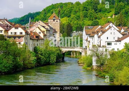 The Black Tower and Aare river in the historic old town of Brugg, Switzerland. Stock Photo