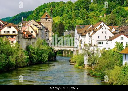 The Black Tower and Aare river in the historic old town of Brugg, Switzerland. Stock Photo