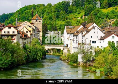 The Black Tower and Aare river in the historic old town of Brugg, Switzerland. Stock Photo