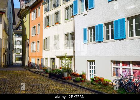 Picturesque buildings bystreet Untere Hofstatt in old town Brugg, Canton Aargau, Switzerland. Stock Photo